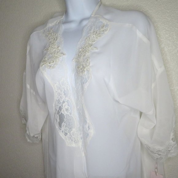 Linea Donatella Sheer Chiffon Open Front Robe S/M White Lace Pearls Knee Length - Picture 8 of 16